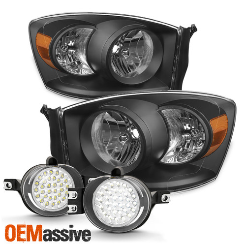 For 2007-2008 Dodge Ram 1500 07-09 Ram 2500/ 3500 Black Headlights+ LED Fog Lamp