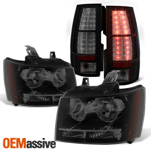 Fit Black Smoke 07-14 Suburban Tahoe Headlights Lamps+LED Tail Light Replacement