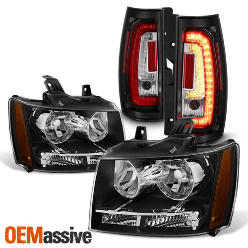 Fit Black 2007-2014 Suburban Tahoe Headlights Lamps+C-Shape LED Tail Lamp Combo