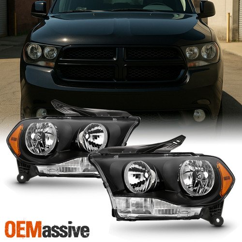 Fits 2011-2013 Dodge Durango Halogen Black Headlights Driver+Passenger Side Pair