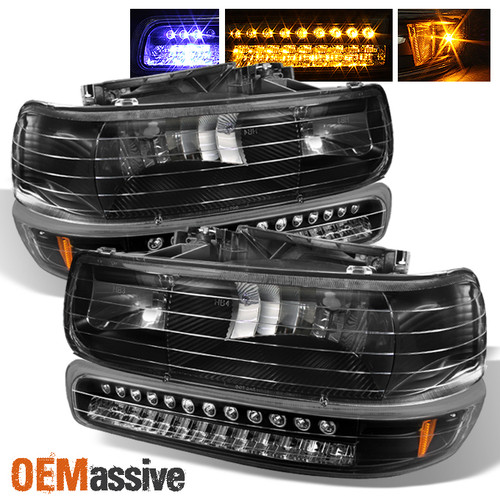 Fits Black 99-06 Silverado Suburban Tahoe Headlights + LED Bumper Signal Lights