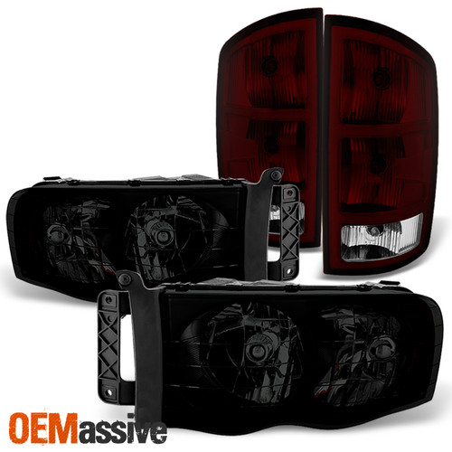 Fit 02-05 Ram 1500 03-05 2500/3500 Black Smoked Headlights+Dark Red Tail lights