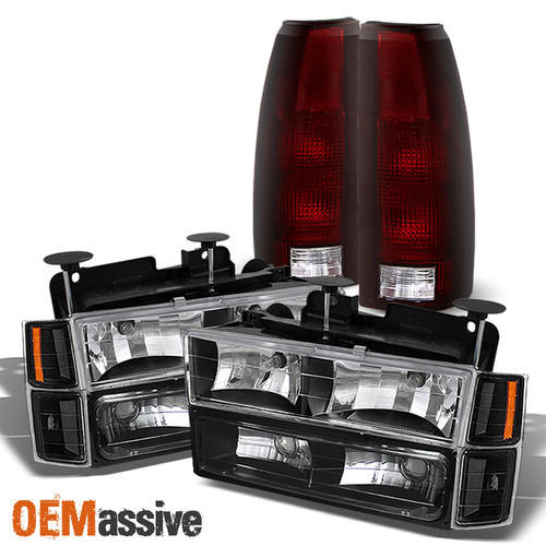 Fit 94-98 C/K Tahoe Suburban Black Headlights+Bumper+Red Smoked Tail Lights