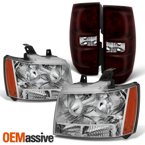 Fit Chrome 2007-2014 Suburban Tahoe Headlights Lamps + OE Dark Red Tail Lamp