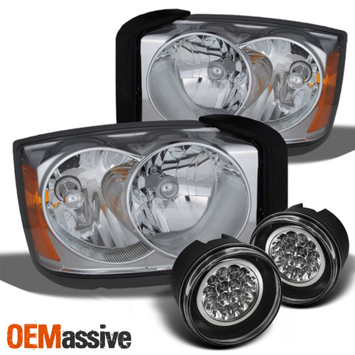 Fits 05-07 Dakota Chrome Clear Headlight Replacement + LED Fog Lights w/Switch