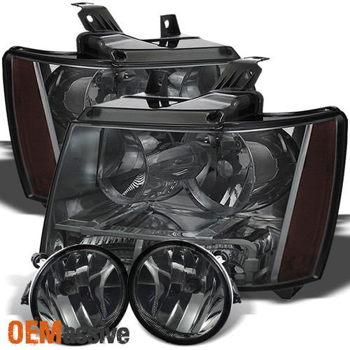 Fits 2007-2014 Suburban Tahoe Avalanche Smoke Headlights+Smoked Bumper Fog Lamps