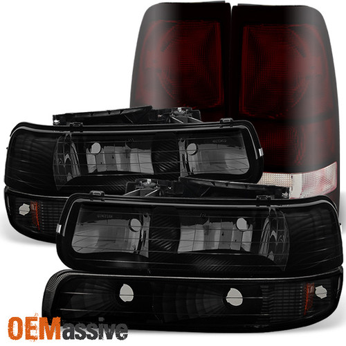 Fit 1999-2002 Chevy Silverado Black Smoke Headlights+Bumper+Dark Red Tail Lights