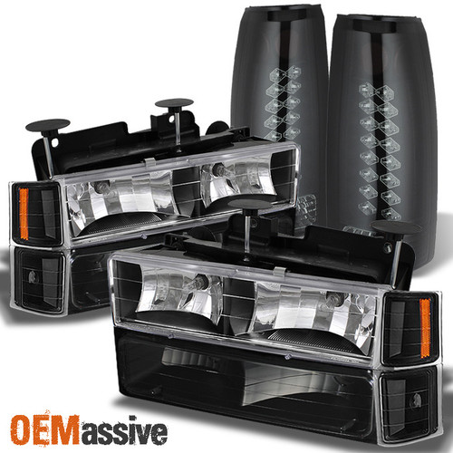 Fits Black 94-98 Chevy C10 C/K Pickup Headlights Set+Black Smoke LED Tail Lights