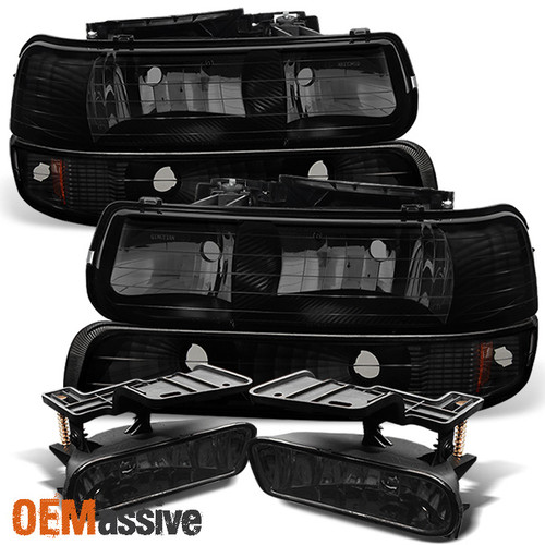 Fit 99-02 Silverado 1500 2500HD 3500 Black Smoked Headlights + Smoked Fog Lights