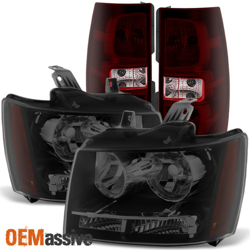 Fit 2007-2014 Chevy Suburban Tahoe Black Smoked Heaadlights+Dark Red Tail Lights
