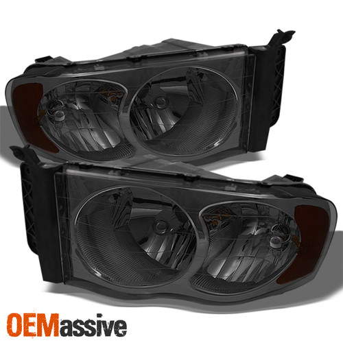 Fits 02-05 Ram 1500/2500/3500 Pickup Amber Smoke Headlights Lamps Replacement