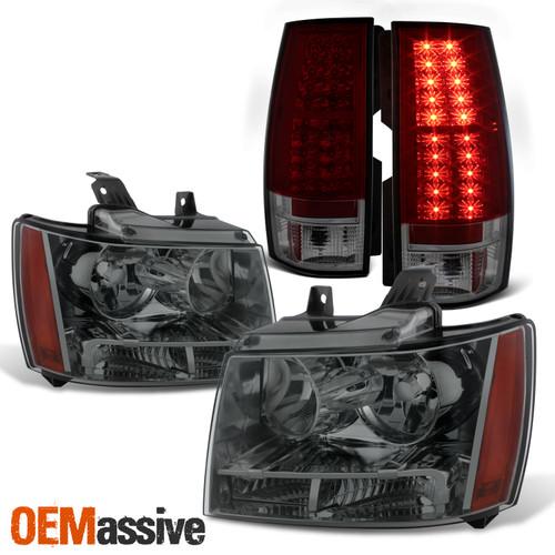 Fit Smoked 07-14 Chevy Suburban Tahoe Headlights+Red Smoked LED Tail Replacement