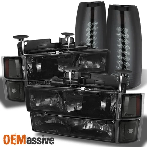 Fit Smoked 94-98 Chevy C10 C/K Pickup Headlights + Smoked LED Tail Lights Lamps