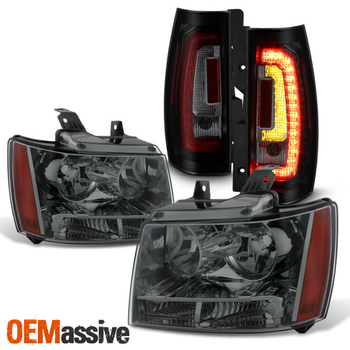 Fit Smoked 07-14 Chevy Suburban Tahoe Headlights Lamps+BLK Smoke LED Tail Combo