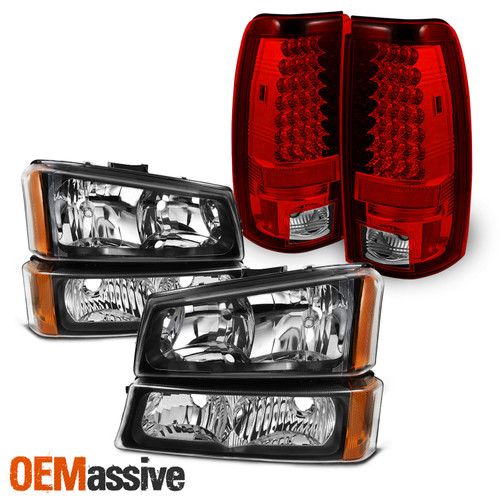 For 03-06 Silverado 1500/1500HD/2500/2500HD/3500 Black Headlights+Red Tail Light