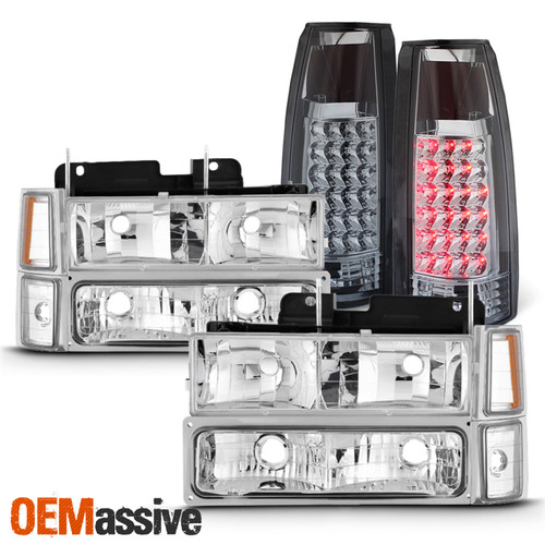 For 1994-1998 C/K 1500/2500/3500 Tahoe Suburban Chrome Headlights+ LED Tail Lamp
