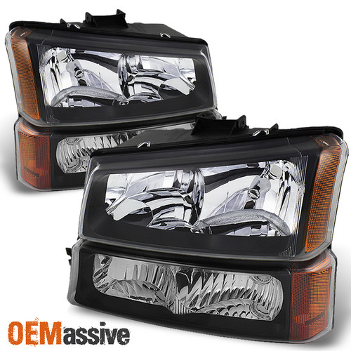 Black Fits 03-06 Silverado Avlanche Pickup Headlights+Bumer Lights w/Side Amber