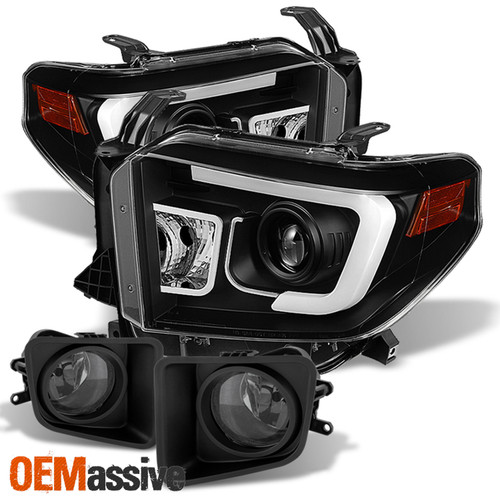 Fits 14-21 Tundra Black LED Bar DRL Projector Headlights + Smoked Fog Lights Set