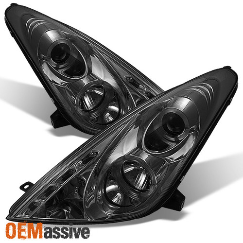 Fits Smoked 00-05 Toyota Celica Halo Projector LED Strip Headlights Lamps Pair