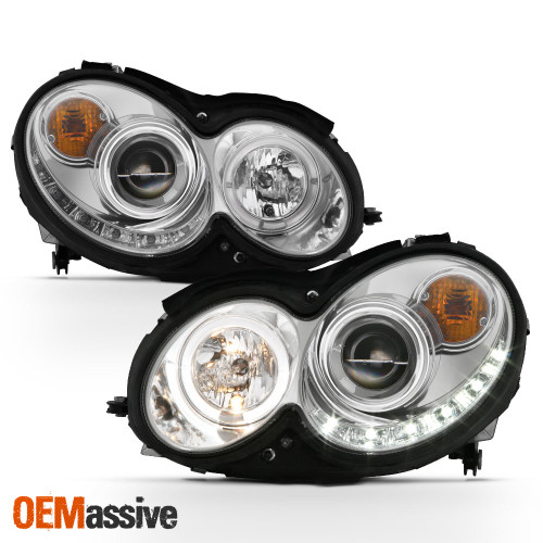 Fits 03-09 Benz W209 Clk Class Halo Projector Headlights +DRL Daylight LED Strip