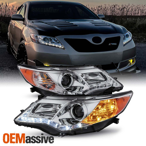 Fits 12-14 Camry Chrome Projector Headlights W/ Build-In DRL Daytime LED Strip