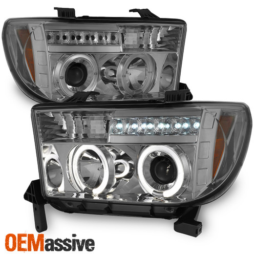 Fits 07-13 Toyota Tundra 08-117 Sequoia Smoke Dual Halo Projector LED Headlights