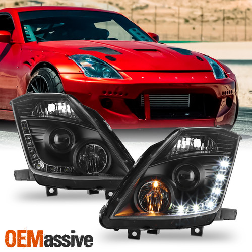 Fits 03-05 350Z Z33 Fairlady LED Strip Black Projector Headlights *Fits HID-D2R*