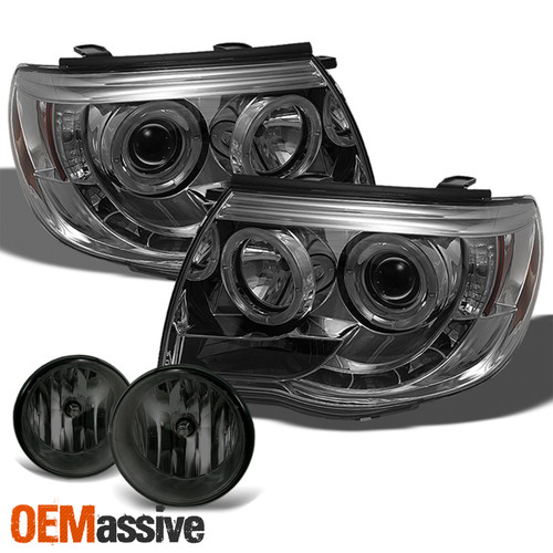 Fits 05-11 Toyota Tacoma Pickup Smoke Dual Halo Projector LED Headlight+Fog Lamp