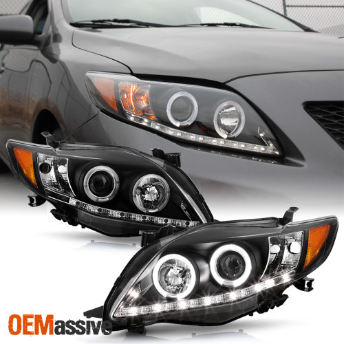 Fits 09-10 Corolla JDM Black Halo Projector R8 Style Daylight DRL LED Headlights