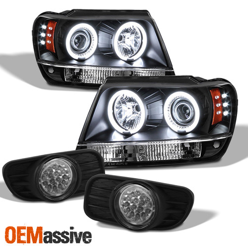 Fits 99-04 Grand Cherokee Black Dual Halo Projector LED Headlight+LED Fog Light