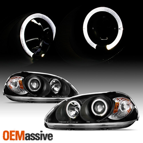 Fits 96-98 Honda Civic Black Bezel Halo Projector Headlights Pair Left+Right