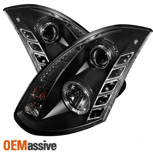 Fits 03-07 G35 2Dr JDM Black Halo Projector Headlights W/DRL Daylight LED Strip