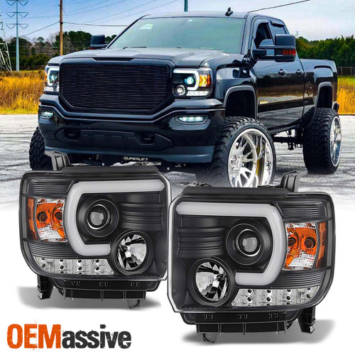 Fits 2014-2017 GMC Sierra 1500 2500HD 3500HD Black LED Tube Projector Headlights