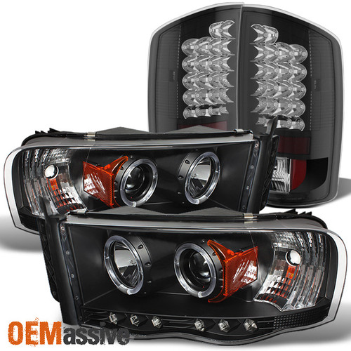 Fits 02-05 Ram Black Halo Projector Headlights + LED Perform Tail Lamps Combo