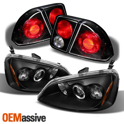 Fit 01-03 Honda Civic 4Dr JDM Black Halo Projector Headlights+Tail Brake W/Trunk