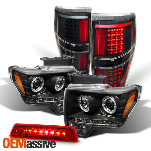 For 2009-14 F150 Dual Halo Projector Black Headlight& Tail Light + Red 3rd Brake