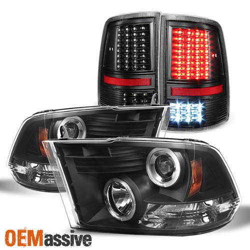 Fits 2009-2018 Ram Black Halo Projector Headlight + Black LED Tail Lights Pair