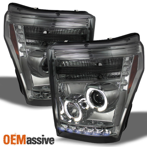 Fits Smoked 11-16 Ford F-Series Superduty Pickup Halo Projector LED Headlights