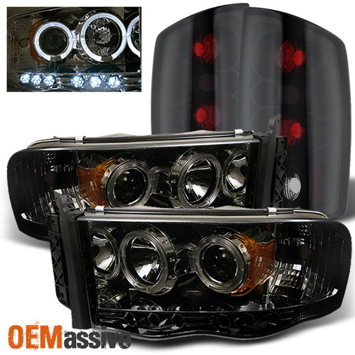 Fits Smoked 02-05 Ram Halo Projector Headlights+ Black Smoked Tail Lights Lamps