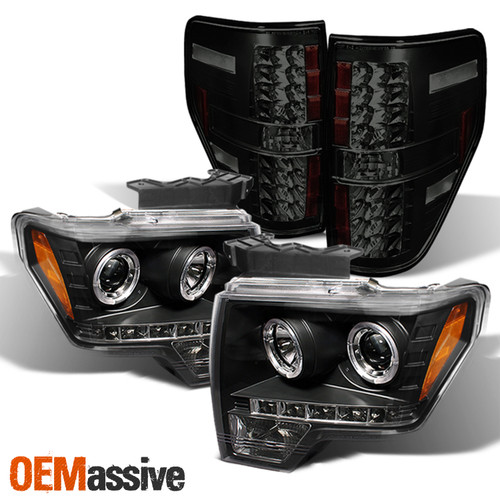 Fits 09-14 Ford F150 Black Dual Halo LED Projector Headlight + Black Smoked Tail