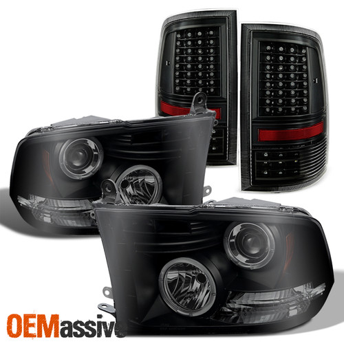 [Black Bezel] Fits 2009-18 Ram LED Halo Projector Smoked Headlights & Tail Lamp