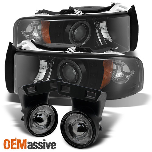 For 94-01 Ram Black Smoke Projector Headlights + Halo Bumper Fog Lights W/Switch