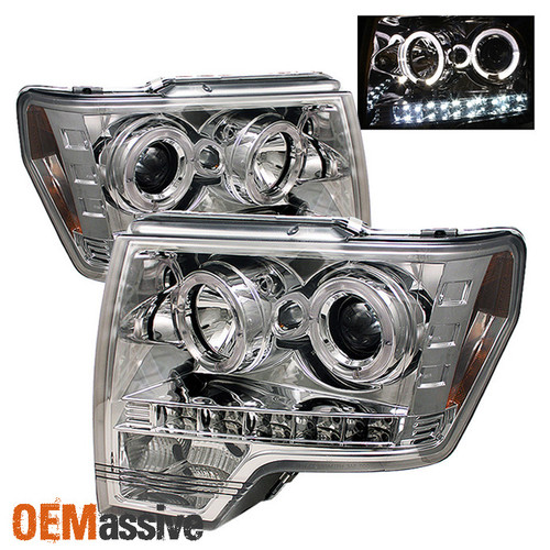 Fits 09-14 Ford F150 Pickup Truck Chrome Dual Halo Projector LED Headlights Lamp