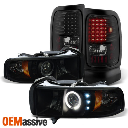 Fit 94-01 Ram 1500 94-02 2500/3500 Smoke Halo Projector Headlight+LED Tail Brake