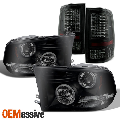 [Black Smoke Bezel] Fit 09-18 Ram LED Dual Halo Projector Headlights & Tail Lamp