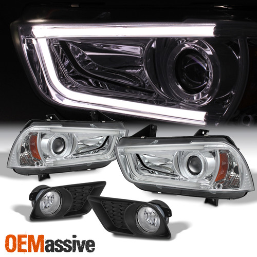 Fits 11-14 Charger LED Light Tube Projector Headlights + Fog Lamps [Chrome]