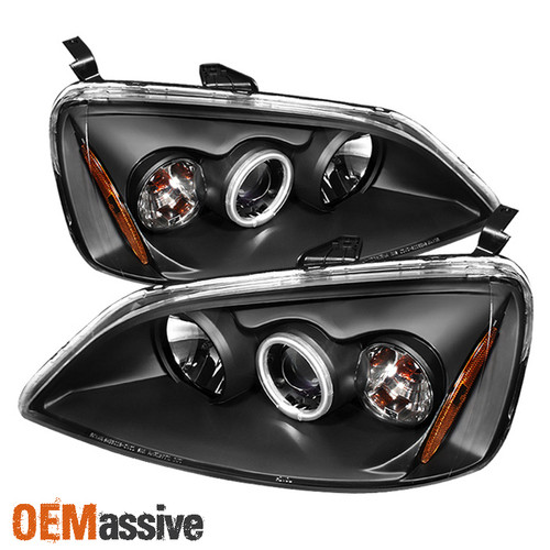 Fits 01-03 Honda Civic 2/4Dr Ex Lx JDM Black CCFL Halo Projector Headlights Pair