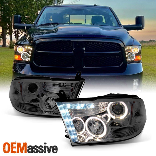 Fits 09-18 Dodge Ram 1500/2500/3500 Smoked Dual Halo LED Projector Headlights