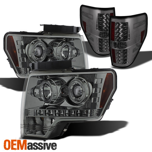 Fits 09-14 F-150 Pickup Smoked Bezel Dual Halo LED Projector Headlights+LED Tail