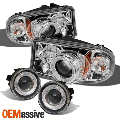 For 97-04 Dakota Durango LED Dual Halo Projector Headlights + Projector Fog Lamp